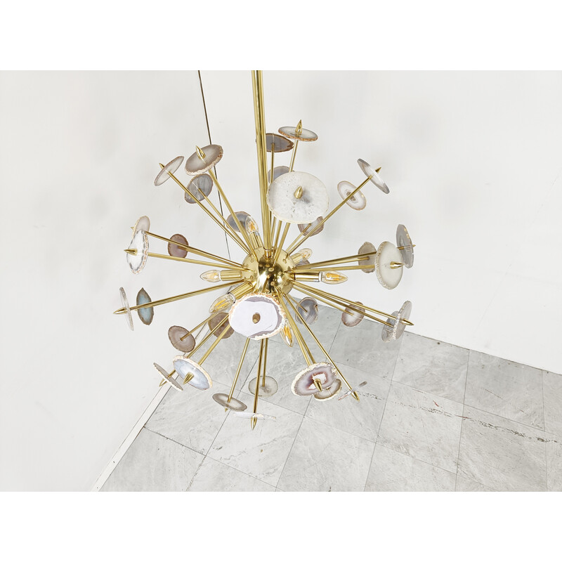 Vintage brass and agate stone sputnik chandelier, Belgium 1980