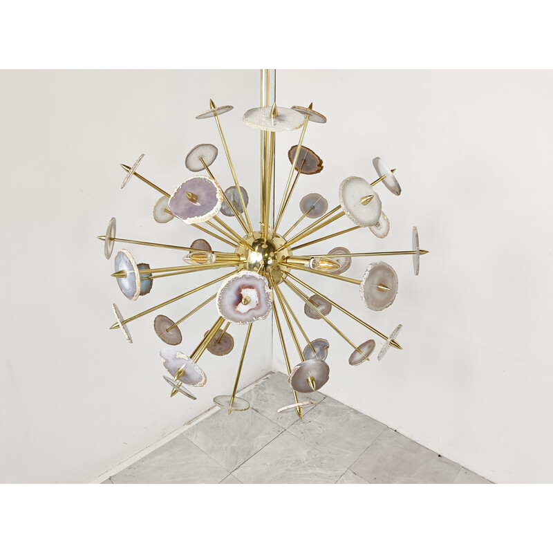 Vintage brass and agate stone sputnik chandelier, Belgium 1980