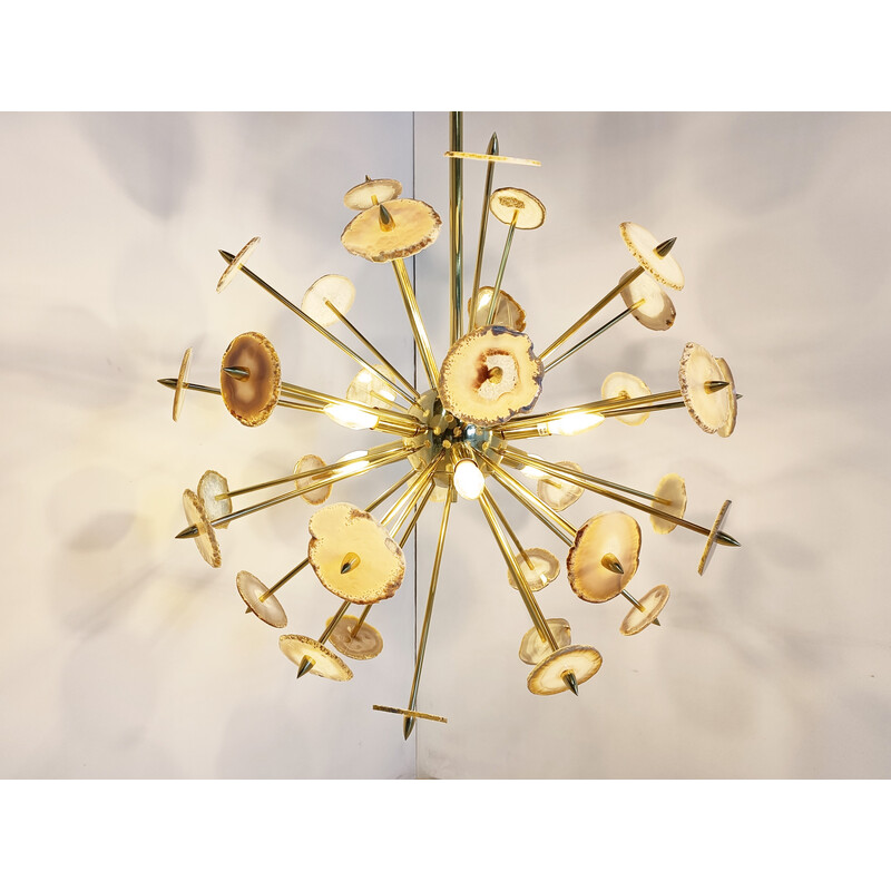 Vintage brass and agate stone sputnik chandelier, Belgium 1980