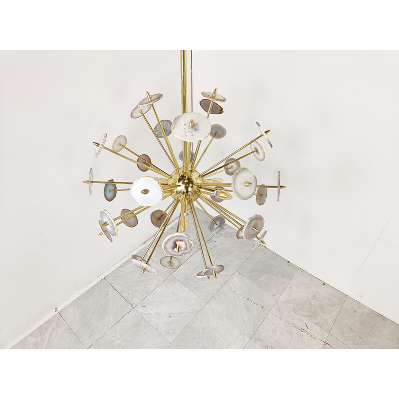 Vintage brass and agate stone sputnik chandelier, Belgium 1980