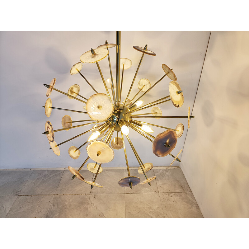 Vintage brass and agate stone sputnik chandelier, Belgium 1980