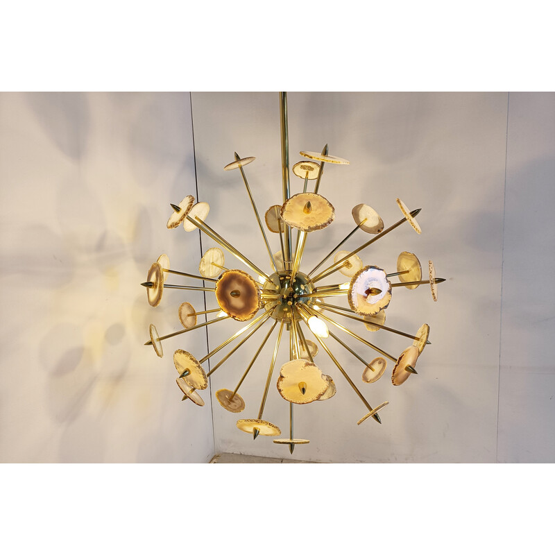 Vintage brass and agate stone sputnik chandelier, Belgium 1980