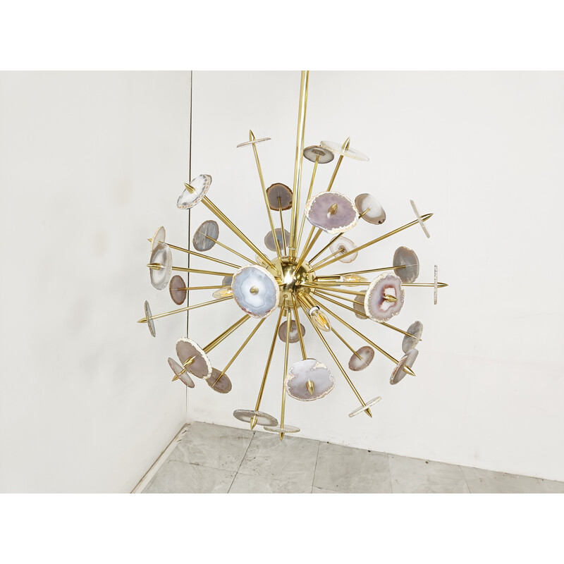 Vintage brass and agate stone sputnik chandelier, Belgium 1980