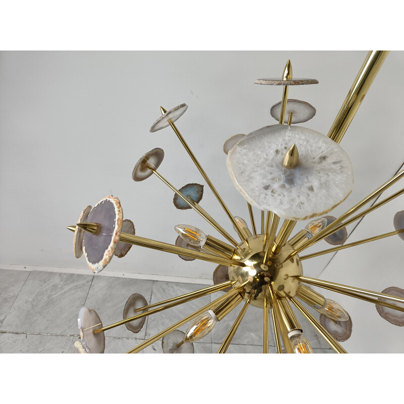 Vintage brass and agate stone sputnik chandelier, Belgium 1980