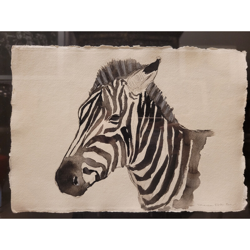 Vintage aquarel "Zebra" in Oost-Indische inkt