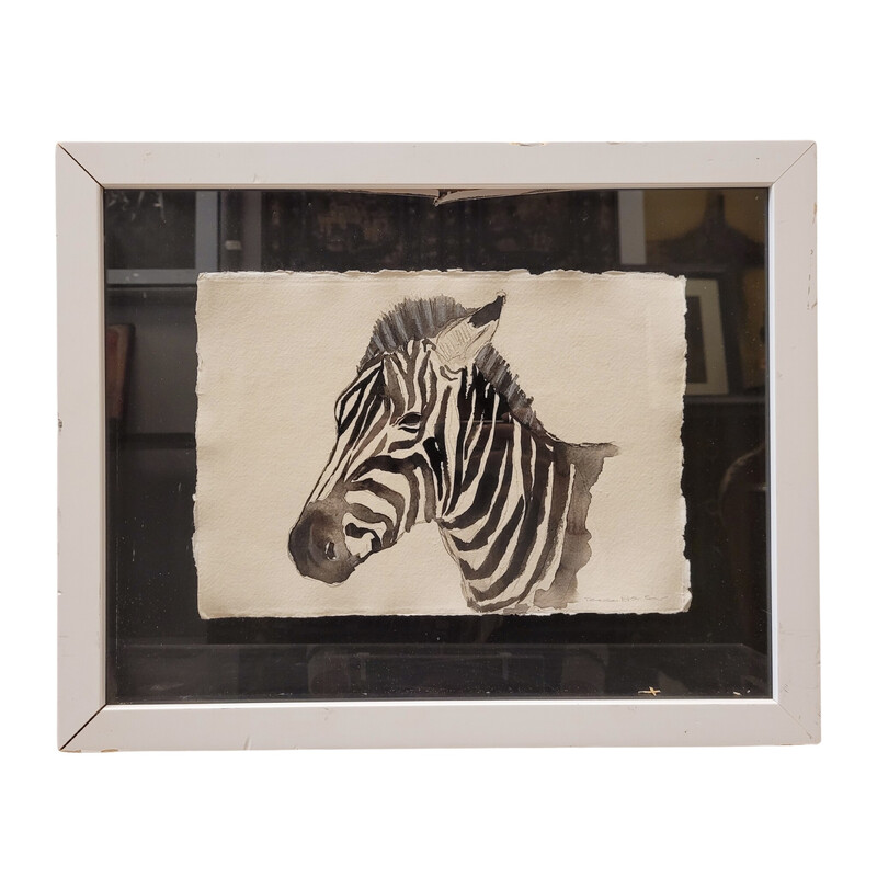 Vintage aquarel "Zebra" in Oost-Indische inkt