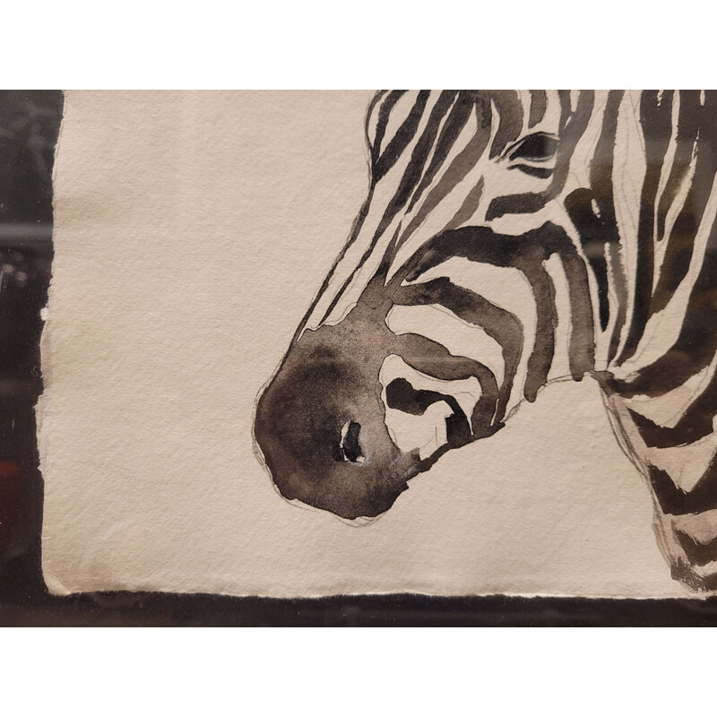 Aquarelle vintage "Zèbre" à l'encre de Chine