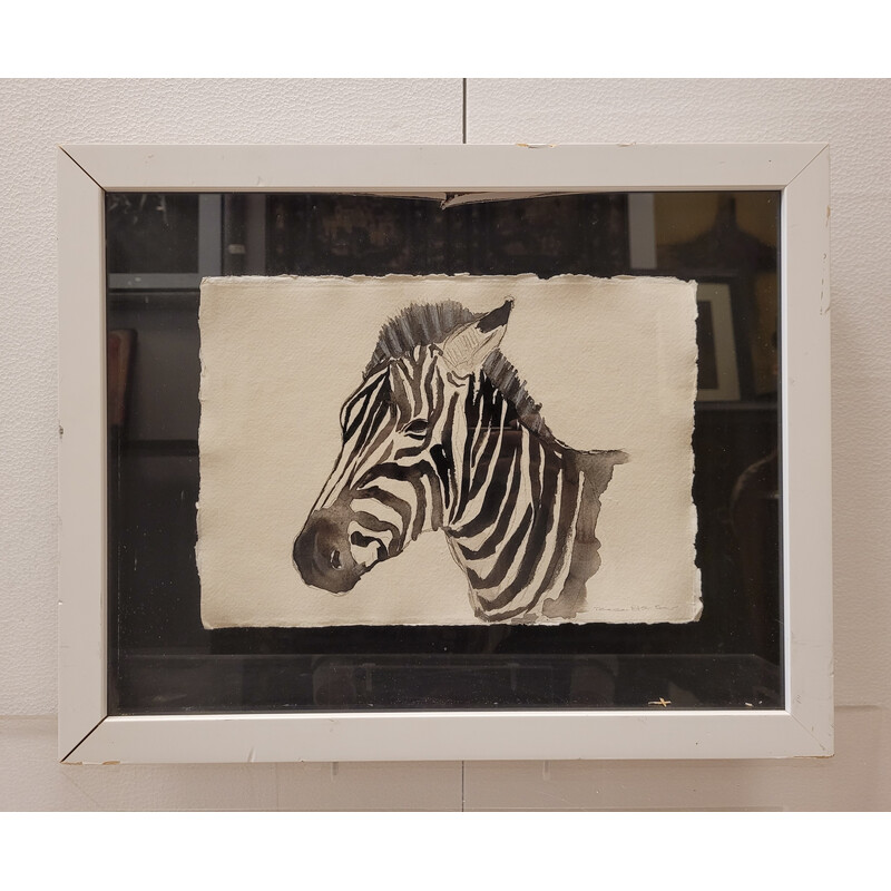 Vintage aquarel "Zebra" in Oost-Indische inkt
