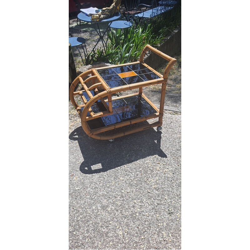 Vintage bamboo and ceramic rolling serving table