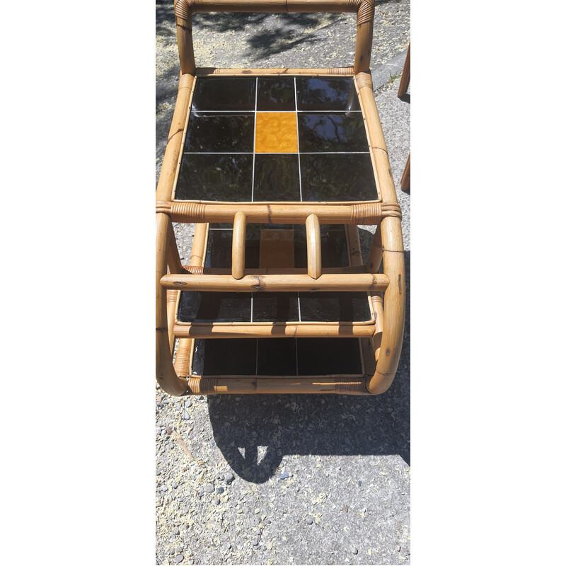 Vintage bamboo and ceramic rolling serving table