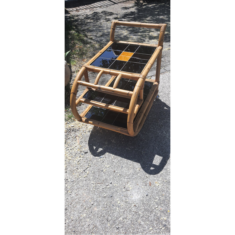 Vintage bamboo and ceramic rolling serving table