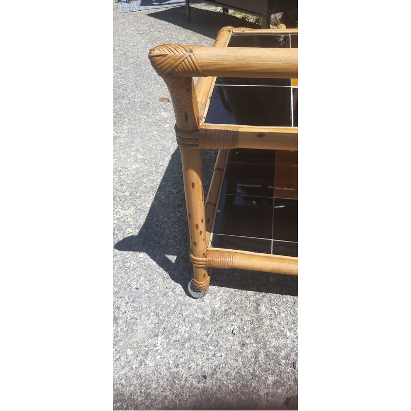 Vintage bamboo and ceramic rolling serving table