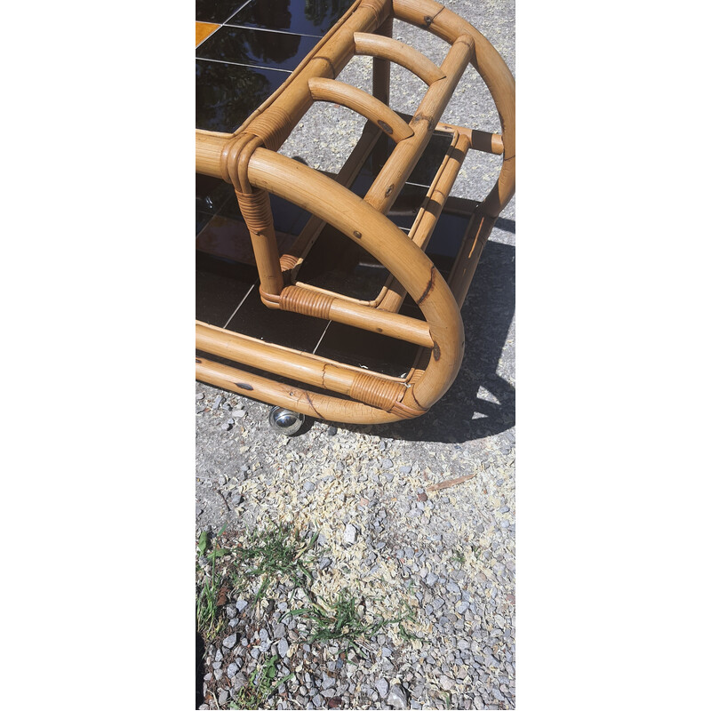 Vintage bamboo and ceramic rolling serving table