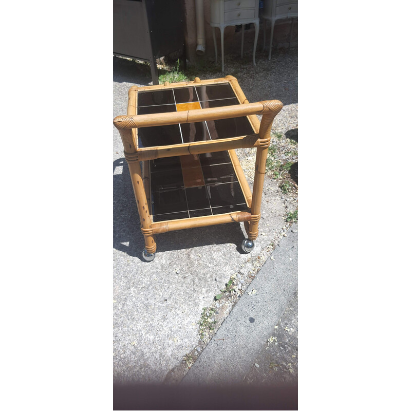 Vintage bamboo and ceramic rolling serving table
