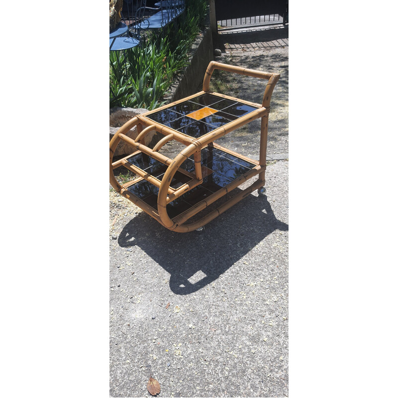 Vintage bamboo and ceramic rolling serving table