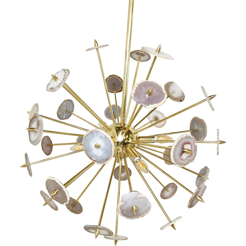 Vintage brass and agate stone sputnik chandelier, Belgium 1980
