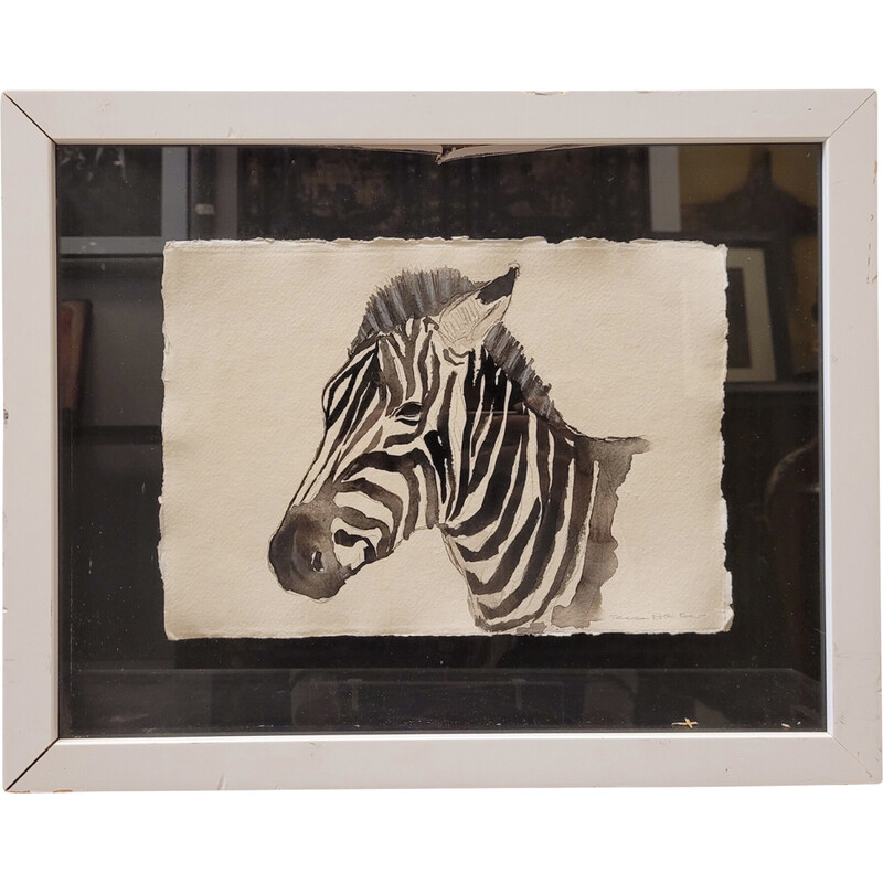 Acquerello vintage "Zebra" in inchiostro di china