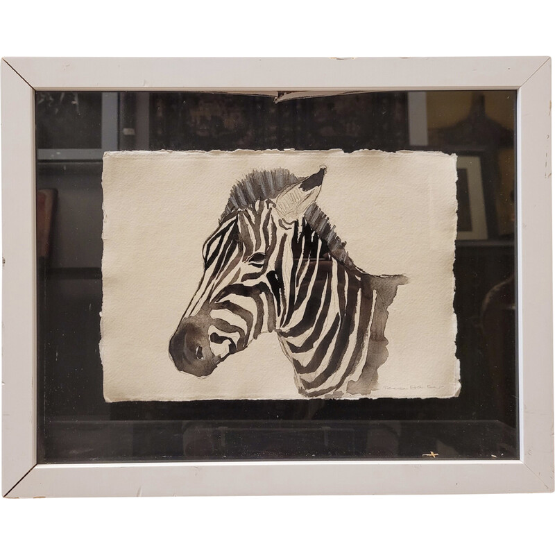 Vintage aquarel "Zebra" in Oost-Indische inkt