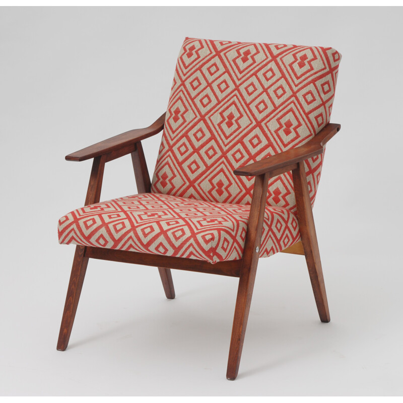 Red diamond-shaped pattern TON armchair - 1960s