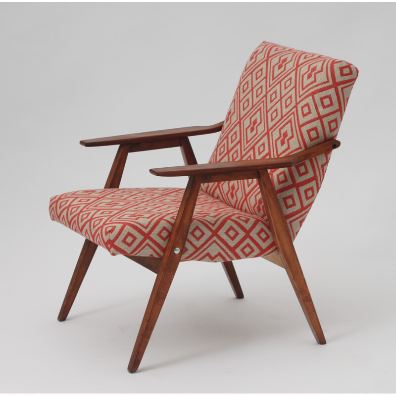 Red diamond-shaped pattern TON armchair - 1960s