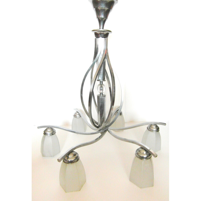 Helical modernist hanging lamp with  6 light arms - 1930s