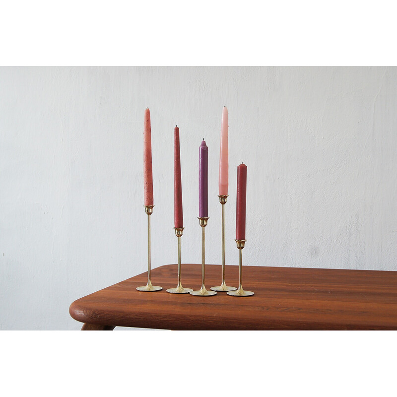 Set of 5 vintage Scandinavian brass candlesticks, 1960