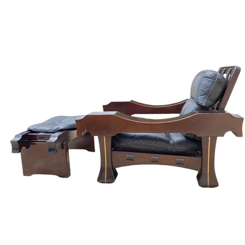 Vintage wooden Ussaro armchair and footrest by Luciano Frigerio, Italy 1970
