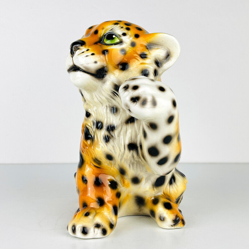 Escultura vintage de leopardo em cerâmica, Itália 1960