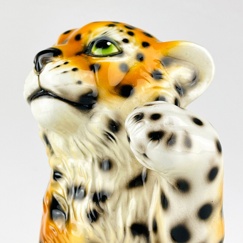 Escultura vintage de leopardo em cerâmica, Itália 1960