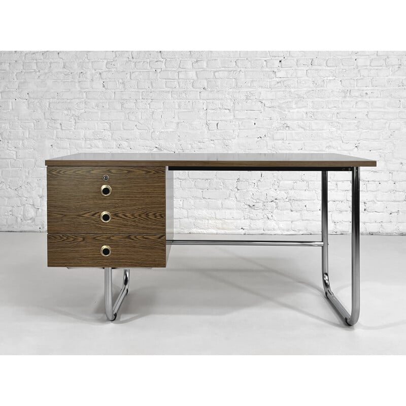 Vintage chrome and wood desk, 1970 - 1980