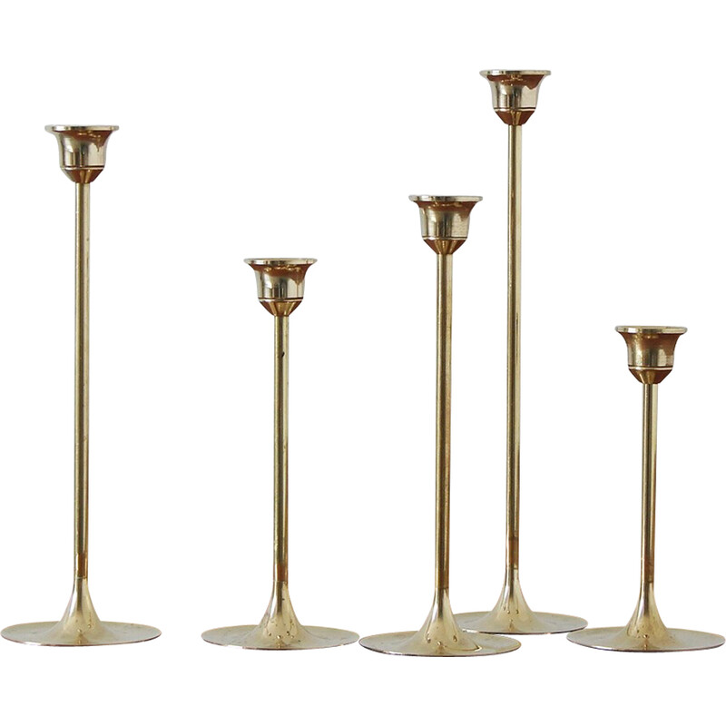 Set of 5 vintage Scandinavian brass candlesticks, 1960