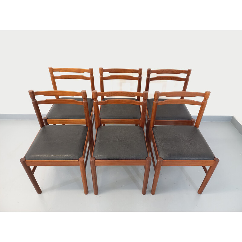 Juego de 6 sillas vintage escandinavas de teca y skai, 1960