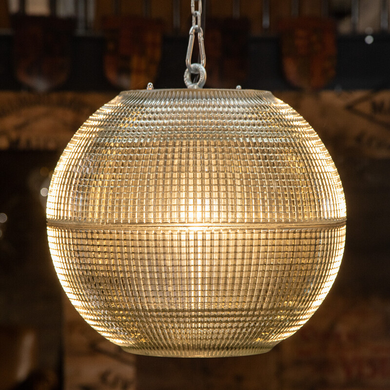 Vintage French glass Holophane pendant lamp, 1970