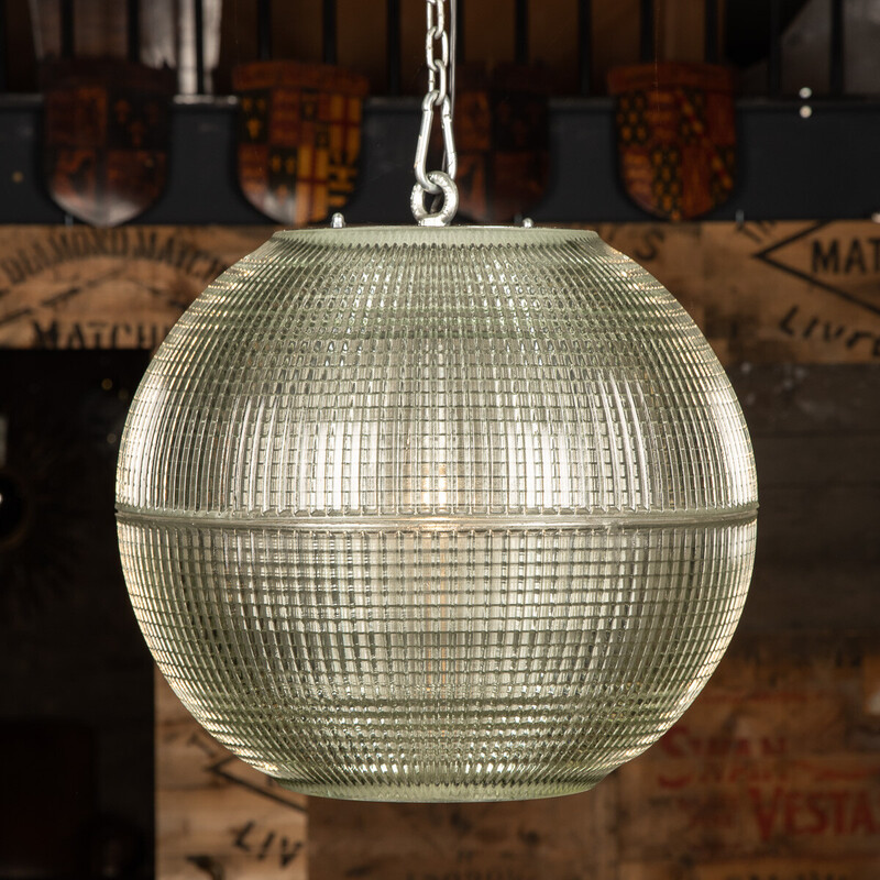 Vintage French glass Holophane pendant lamp, 1970