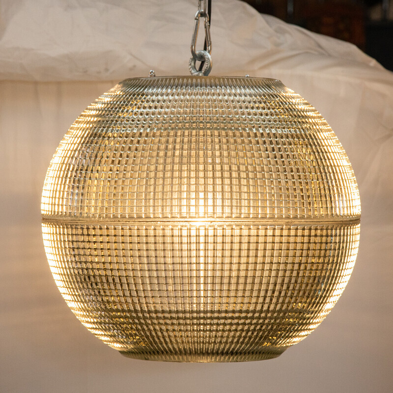 Vintage French glass Holophane pendant lamp, 1970