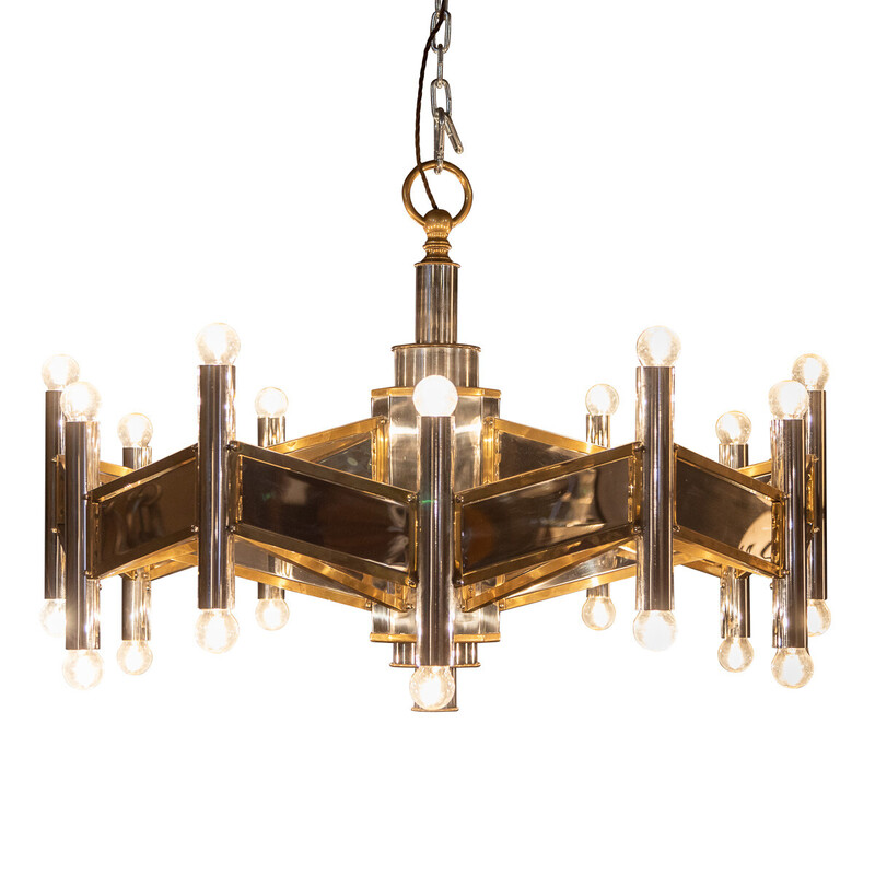 Vintage Italian mirror and brass chandelier by Gaetano Sciolari, 1970