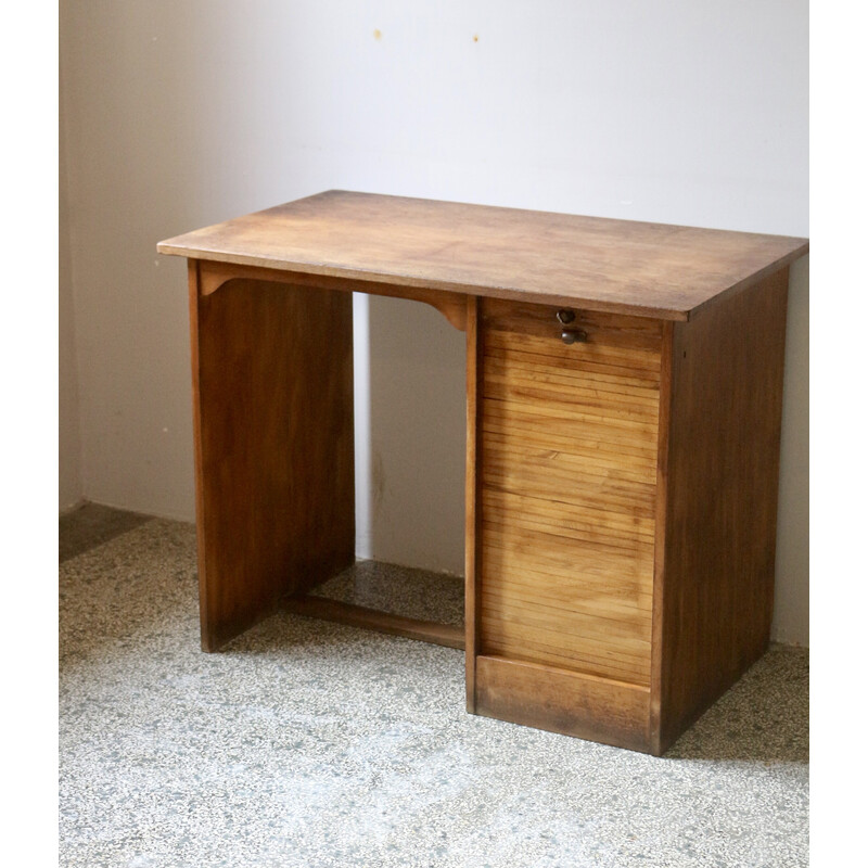 Vintage oakwood desk with sliding curtain, 1950