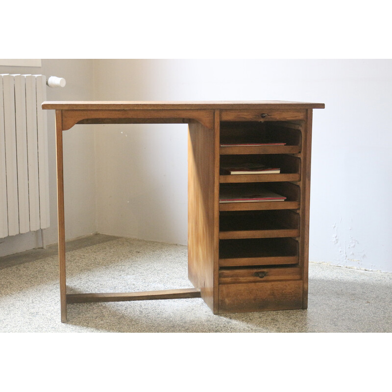 Vintage oakwood desk with sliding curtain, 1950