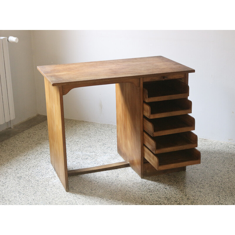 Vintage oakwood desk with sliding curtain, 1950