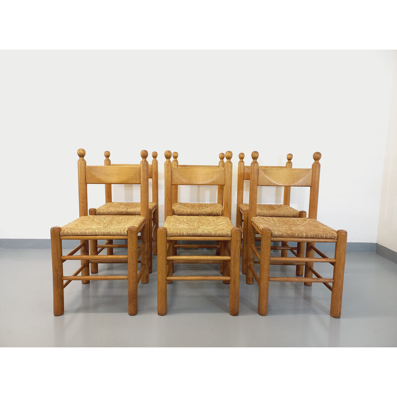 Ensemble de 6 chaises brutalistes vintage en bois de chêne, 1960
