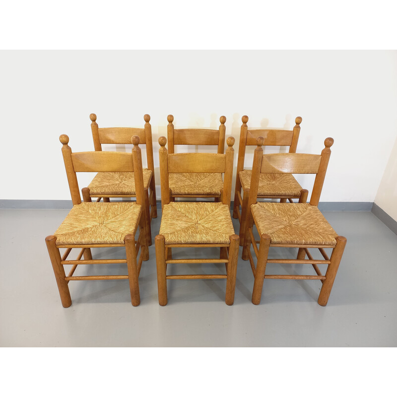 Satz von 6 brutalistischen Vintage-Stühlen aus Eichenholz, 1960