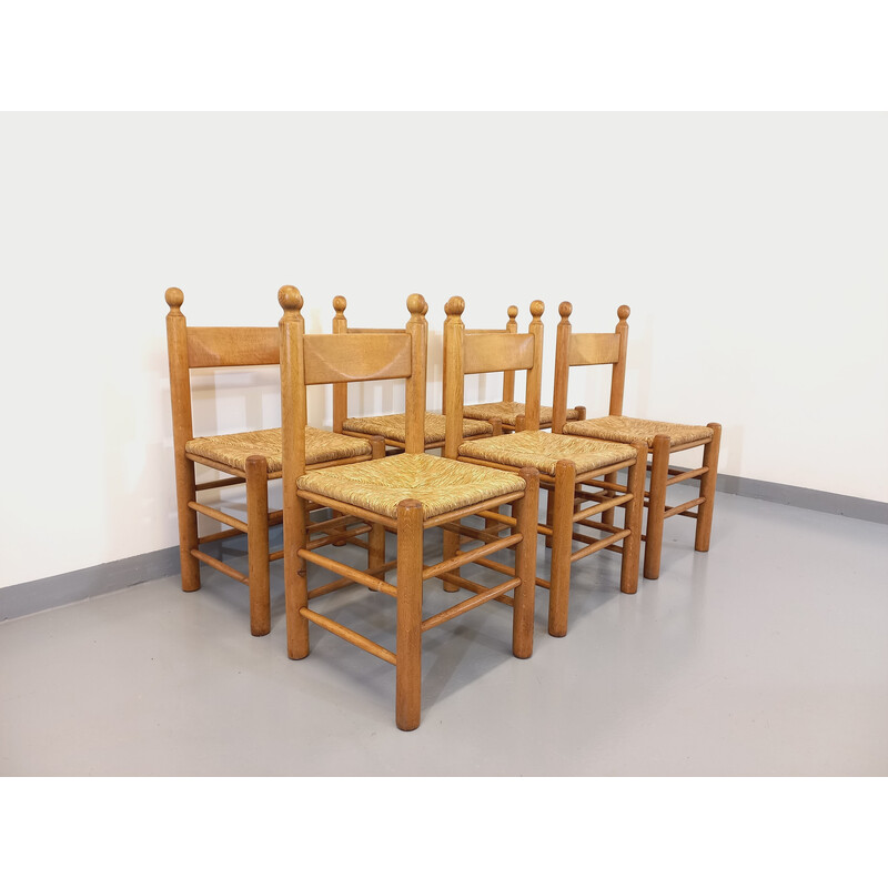 Set of 6 vintage brutalist oakwood chairs, 1960