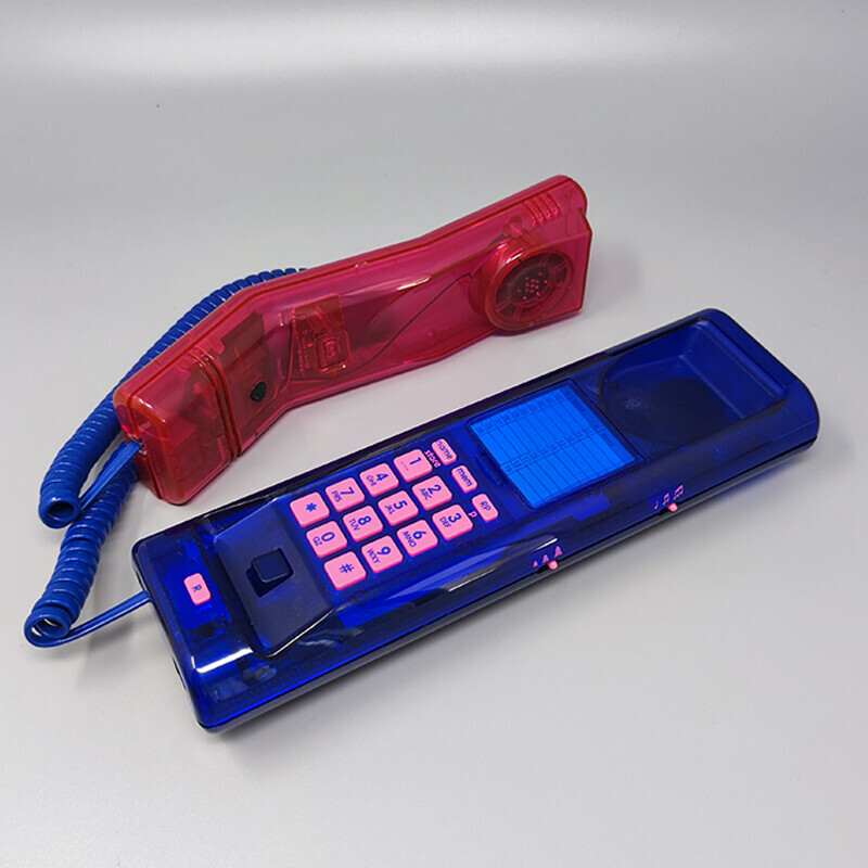 Téléphone jumelé vintage rose et bleu "Deluxe" avec boîte, 1990