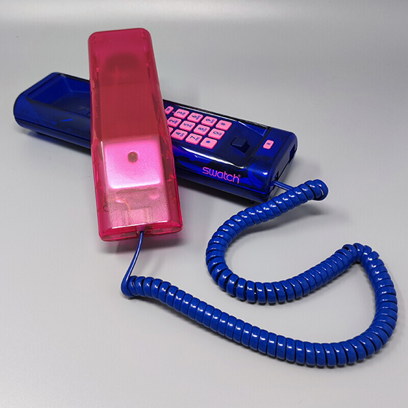 Telefone duplo "Deluxe" vintage, cor-de-rosa e azul, com caixa, anos 90