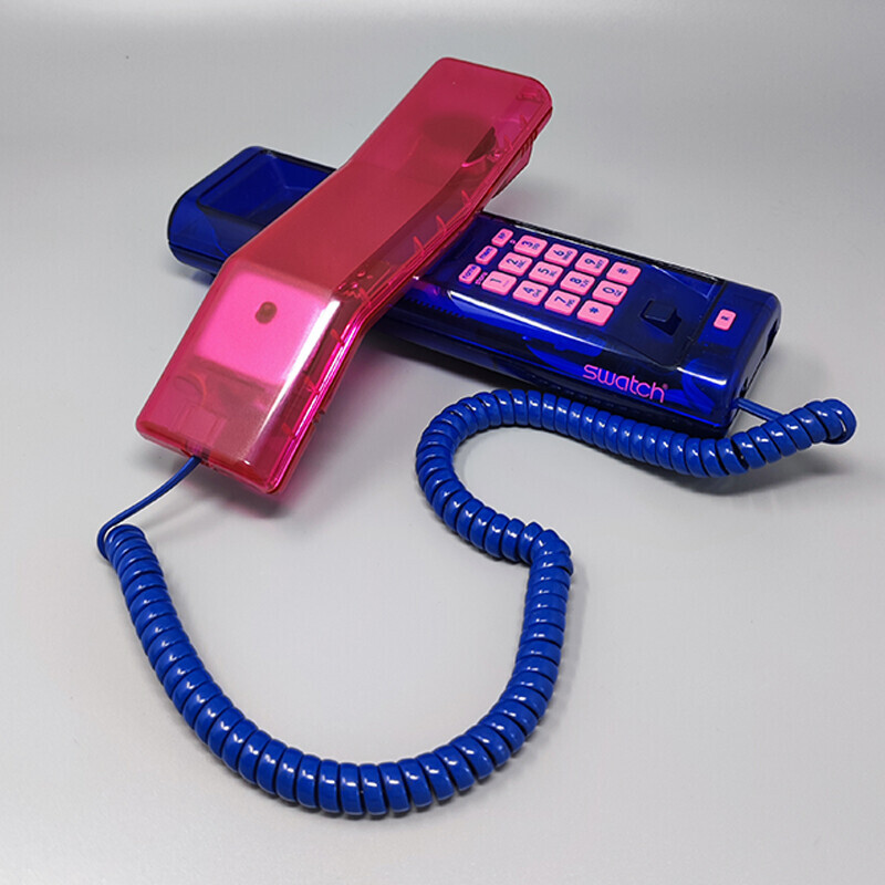 Telefono gemello vintage swatch rosa e blu "Deluxe" con scatola, anni '90