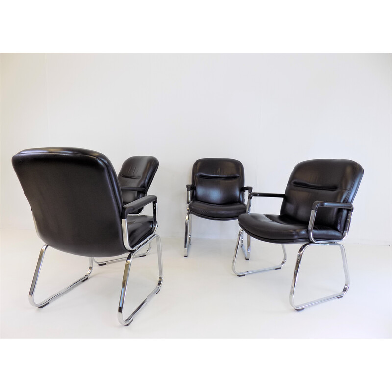 Ensemble de 4 fauteuils de bureau vintage en cuir par Grahl