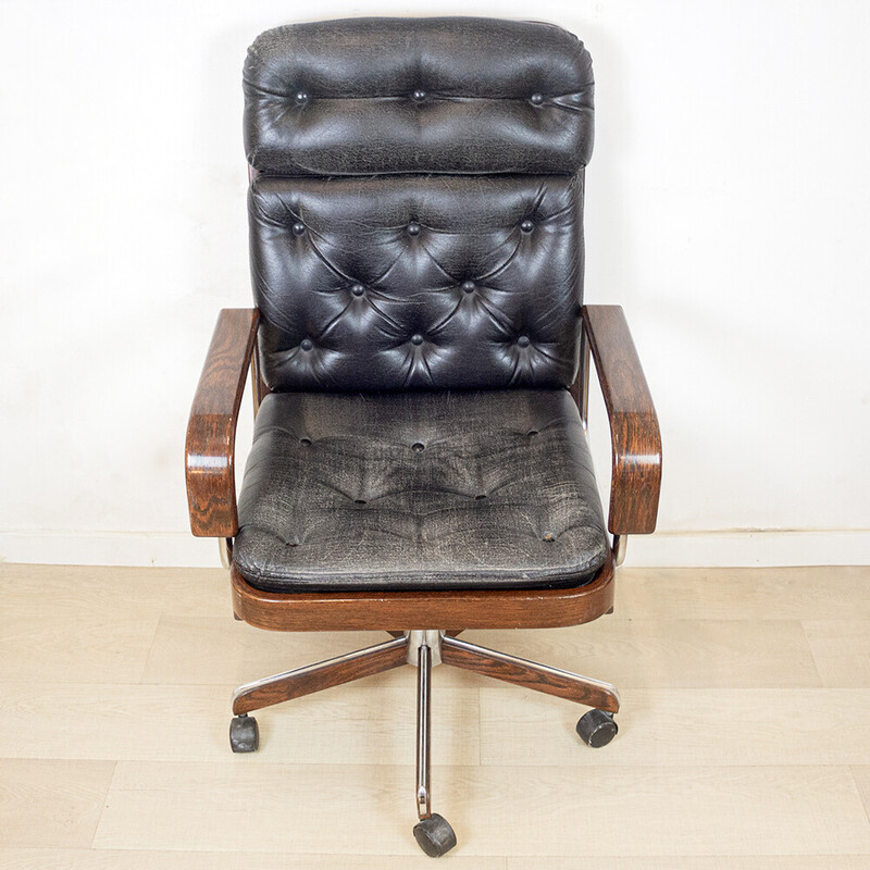 Fauteuil pivotant vintage en palissandre et cuir par Ag Barcelona, Espagne 1960