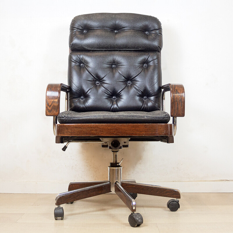 Vintage swivel rosewood and leather armchair by Ag Barcelona, Spain 1960s