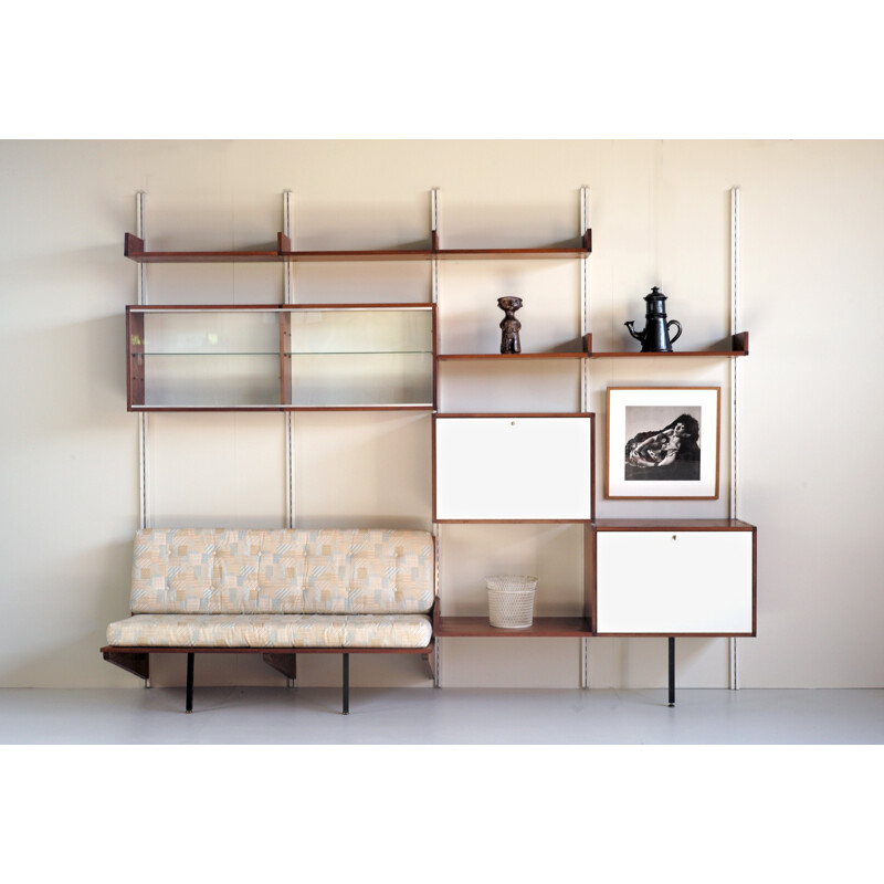 Mahogany and white matt melamine wall bookcase with bench ARP Minvielle - 1960s