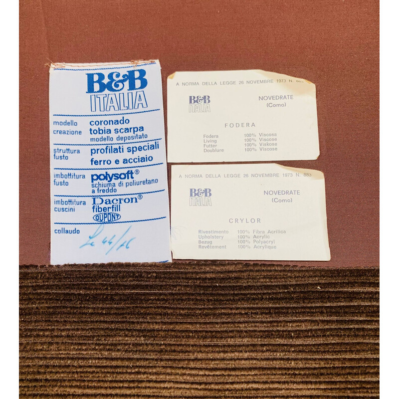 Vintage bruine corduroy woonkamer set van Coronado en Tobia Scarpa voor B en B, Italië 1970